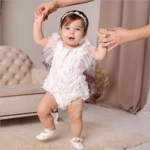 Baptism romper, Ivory baby romper with flower for christening, After baptism baby outfit 9-12 months