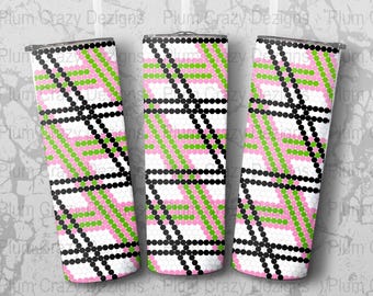 Könnte beinhalten: Drei Edelstahlbecher mit einem geometrischen Muster in Schwarz, Pink und Grün. Das Muster besteht aus kleinen Kreisen und Quadraten.