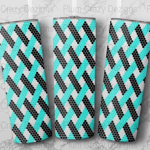 May include: Three stainless steel tumblers with a repeating pattern of black, white, and turquoise diagonal stripes. The design is made of small dots. The tumblers are cylindrical and have a silver rim.