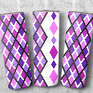 May include: Three stainless steel tumblers with a geometric pattern of pink, purple, and black circles on a white background.