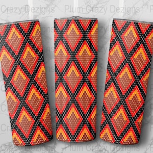 May include: Three stainless steel tumblers with a geometric pattern of black, orange, red, and brown diamonds. The pattern is made up of small circles.