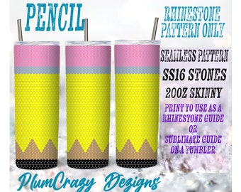 May include: A digital download pattern for a 20 ounce skinny tumbler featuring a yellow pencil design with pink eraser, gray band, and brown wood. The pattern is for use with SS16 rhinestones or sublimation.
