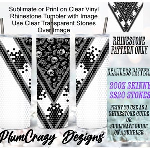May include: Black and white digital design featuring a skull and crossbones pattern. The design is for a 20 oz skinny tumbler and can be used as a rhinestone or sublimation guide. The text "Rhinestone Pattern Only", "Seamless Pattern", "200z Skinny SS20 Stones", "Print to use as a rhinestone guide or sublimate guide on a tumbler" is included in the design.