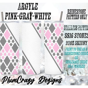 May include: A digital download of a seamless argyle pattern in pink, grey, and white. The pattern is designed to be used as a rhinestone guide or a sublimation guide for a 20oz skinny tumbler. The pattern requires SS16 stones.