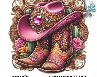 Pink Cowgirl Boots, Rhinestone Cowboy Hat Clipart, Floral Western, Sublimation Png, Digital Download
