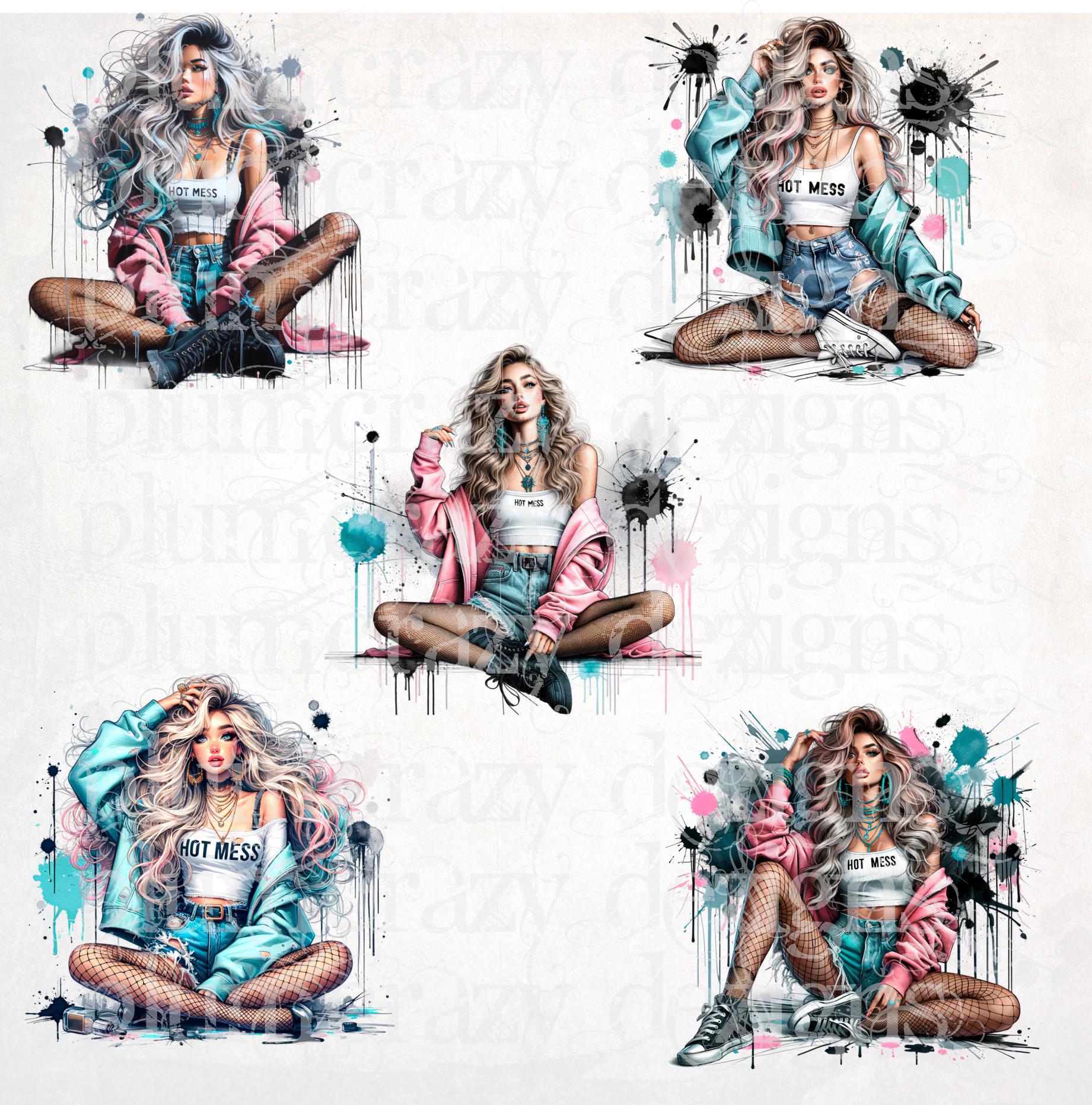 Hot Mess Girl Clipart Bundle 15 Designs Digital Download, Sublimation, Personalize, Bad Ass, Boho Girl, Tattoo Girl, Commercial Use