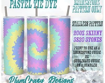 May include: A digital download of a pastel tie dye pattern for a 20oz skinny tumbler. The pattern is seamless and can be used as a rhinestone guide or a sublimation guide. The pattern is made up of hexagons in shades of pink, blue, yellow, and green.