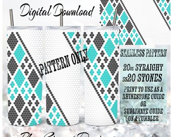 May include: A digital download pattern for a 20 ounce straight tumbler with a geometric design of turquoise and gray diamonds. The pattern is seamless and can be used as a rhinestone guide or a sublimation guide.