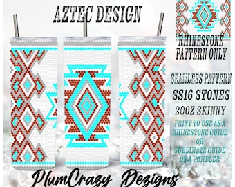 May include: A digital design featuring a seamless pattern of geometric shapes in shades of brown, turquoise, and gray. The design is intended for use as a rhinestone guide or sublimation guide for a 20oz skinny tumbler. The text "AZTEC DESIGN" and "RHINESTONE PATTERN ONLY" is included in the image.