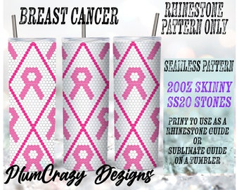 Könnte beinhalten: Ein digitales Download-Muster für einen 20oz Skinny Tumbler mit einem rosafarbenen Banddesign auf weißem Hintergrund. Das Muster ist für die Verwendung mit Strasssteinen oder Sublimation gedacht. Der Text "Breast Cancer" und "Plum Crazy Dezigns" ist im Bild enthalten.
