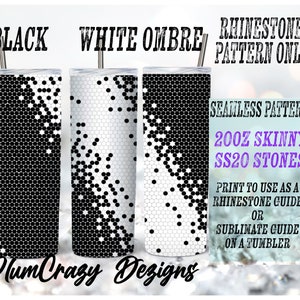 May include: A digital design for a 20oz skinny tumbler featuring a black and white ombre pattern of hexagons. The design is seamless and can be used as a rhinestone guide or a sublimation guide.