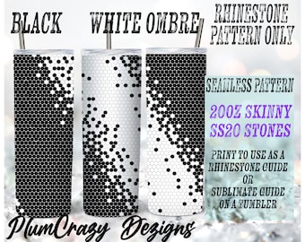 Pode incluir: Um design digital para um copo skinny de 20 oz com um padrão degradê preto e branco de hexágonos. O design é sem costura e pode ser usado como guia de strass ou como guia de sublimação.