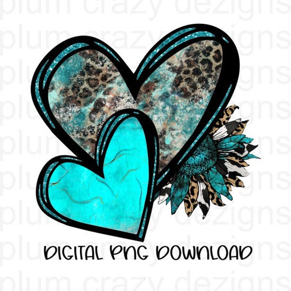 Western Two Hearts, Teal and Leopard with Sunflower Printable Sublimation PNG Digital File