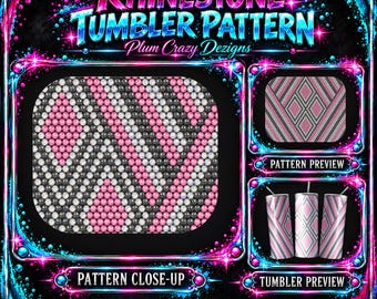 May include: A digital graphic design for a rhinestone tumbler pattern by Plum Crazy Dezigns. The image features a close-up of a pink, black, and white diamond-shaped rhinestone pattern, a rectangular pattern preview, and three tumblers.