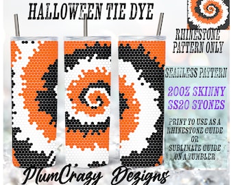 May include: Halloween tie dye pattern for a 20oz skinny tumbler. The pattern is black, orange, and white and can be used as a rhinestone guide or a sublimation guide. The text "200z Skinny SS20 Stones" is included in the image.