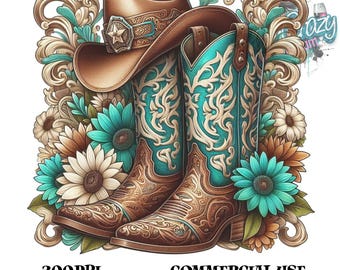 Puede incluir: Ilustración de un sombrero y botas de vaquero con detalles florales. Las botas son turquesas con diseños intrincados, y el sombrero es marrón con un emblema en forma de estrella. La imagen incluye el texto "300DPI" y "COMMERCIAL USE READY TO USE FOR SUBLIMATION DTF UV DTF."