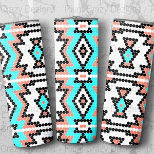 May include: Three stainless steel tumblers with a geometric pattern in shades of turquoise, coral, and black. The pattern is reminiscent of Native American beadwork.