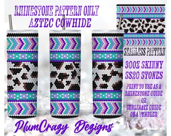 May include: A digital design for a 30oz skinny tumbler featuring a seamless pattern of an Aztec cowhide design with purple, pink, blue, and white colors. The design is labeled "Rhinestone Pattern Only" and "Aztec Cowhide". The design is intended to be used as a rhinestone guide or a sublimation guide for a tumbler.