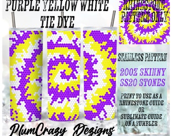 May include: A digital design featuring a purple, yellow, and white tie dye pattern. The design is seamless and can be used as a rhinestone guide or a sublimation guide for a 20 oz skinny tumbler. The design is labeled "Rhinestone Pattern Only" and "Seamless Pattern".