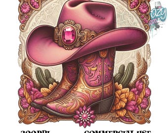Roze cowboyhoed en laarzen clipart, cowgirl, floral western, boho, sublimatie 300 dpi png, digitale download