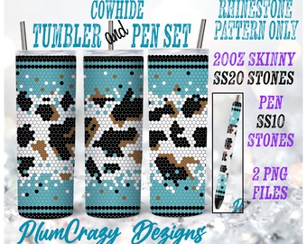 May include: Rhinestone pattern design for a 20 oz skinny tumbler and pen. The pattern is a cowhide design with black, white, brown, and blue rhinestones. The design is for 20 oz skinny tumblers and a pen. The design requires SS20 stones for the tumbler and SS10 stones for the pen. The image includes the text "COWHIDE TUMBLER and PEN SET" and "RHINESTONE PATTERN ONLY".