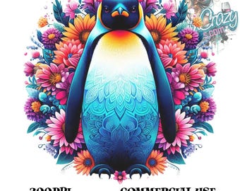 Floral Penguin Clipart, Digital Download PNG 300 DPI, Sublimation, Penguin Art