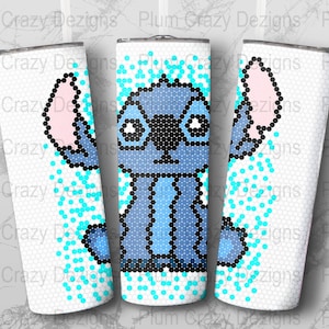 May include: A white tumbler with a blue and pink pixelated Stitch character from Lilo & Stitch. The background is a white and blue pixelated pattern.