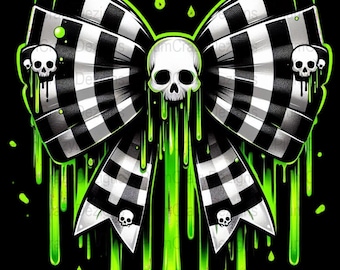 May include: A black and white checkered bow with a skull in the center and smaller skulls on the sides. The bow is dripping with bright green slime, with green droplets scattered around. The design is set against a black background.