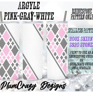 May include: A digital printable design for a 20 ounce skinny tumbler featuring a pink, grey, and white argyle pattern. The design is seamless and can be used as a rhinestone guide or a sublimation guide.