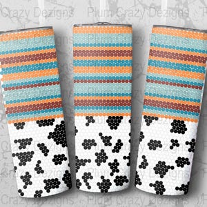 May include: Three stainless steel tumblers with a colorful geometric pattern on the top half and a black and white polka dot pattern on the bottom half.