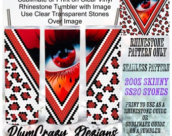 May include: A digital design featuring a red eye with black eyelashes and a white background. The design is a seamless pattern that can be used to create a rhinestone pattern for a 20oz skinny tumbler. The design is for use with SS20 size rhinestones. The text "Rhinestone Pattern Only" and "Seamless Pattern" is included in the design.