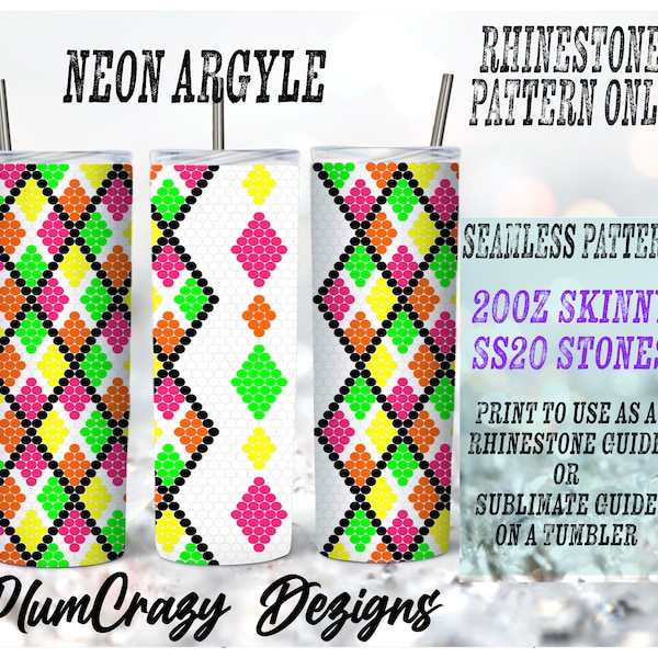 20oz, ss20 Neon Multi-Color Argyle Rhinestone Template, Rhinestone Tumbler Pattern, , PNG Rhinestone Guide, Sublimation Pattern,