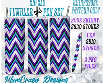 May include: A digital design for a 20 ounce skinny tumbler and a pen with a zig zag pattern. The pattern is made of white, black, purple, and turquoise rhinestones. The design is for a rhinestone pattern only. The tumbler requires SS20 size rhinestones and the pen requires SS10 size rhinestones. The design comes with two PNG files.