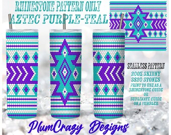 May include: A digital download of a seamless pattern design featuring an Aztec-inspired geometric pattern in teal and purple. The pattern is labeled as a rhinestone pattern and is intended to be used as a guide for creating a rhinestone design on a 20oz skinny tumbler.