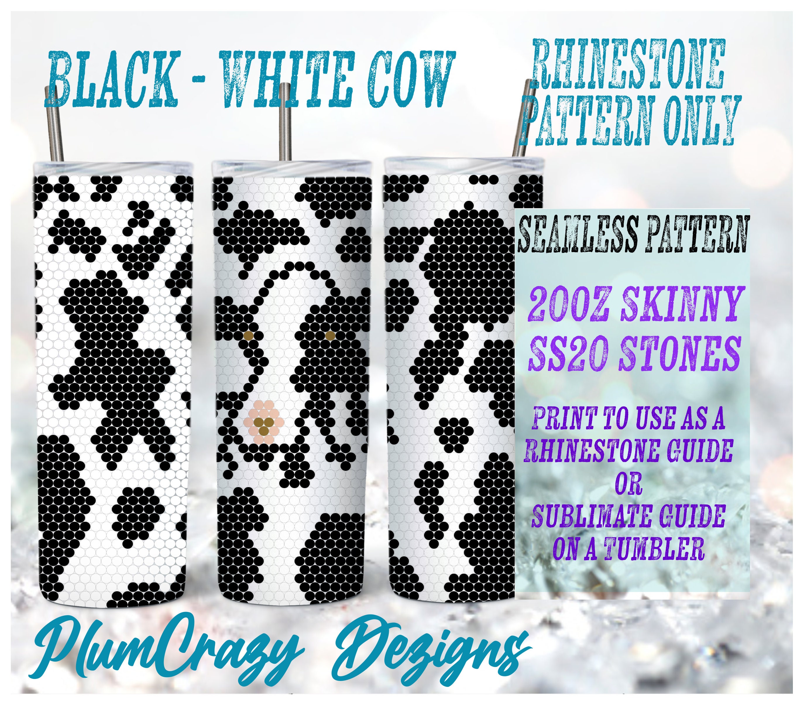 Black and White Cow 20oz SS20 Rhinestone Template, Rhinestone Tumbler ...