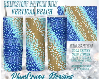 May include: A digital design pattern for a vertical beach scene with blue, turquoise, white, and brown colors. The pattern is made up of small hexagons and can be used as a rhinestone guide or a sublimation guide for a 20oz skinny tumbler.