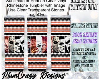 May include: Three 20oz skinny tumblers with a horror movie theme. Each tumbler features a vertical design with alternating black, white, and orange stripes. The center of each tumbler displays a collage of horror movie characters. The text on the image says "Rhinestone Pattern Only".