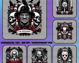 6 Designs, Horror Characters Bundle, Halloween Characters, Digital Download, Commercial Use, 300 DPI PNG Files, Sublimation