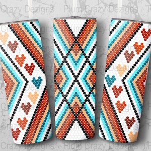 May include: Three stainless steel tumblers with a geometric pattern of red, orange, brown, blue, and white circles. The pattern resembles Native American beadwork.