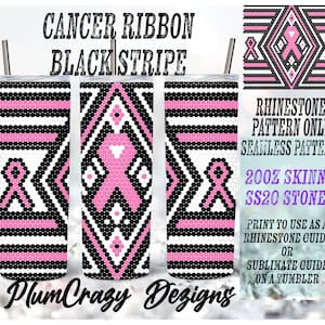 May include: A digital download of a rhinestone pattern for a 20oz skinny tumbler. The pattern features a pink ribbon with a black and white geometric design. The pattern is seamless and can be used as a rhinestone guide or a sublimation guide.