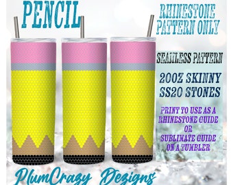 Può includere: Un design digitale per un tumbler skinny da 20 once con una matita gialla, una gomma rosa, una mina grigia e legno marrone. Il design è un motivo senza cuciture e può essere utilizzato come guida per strass o come guida per la sublimazione.