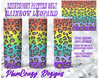 May include: A digital printable design featuring a rainbow leopard print pattern. The design is intended to be used as a guide for placing rhinestones on a tumbler or as a sublimation design. The text "20oz Skinny SS20 Stones" is included in the design.