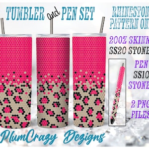 May include: Rhinestone pattern design for a 20 ounce skinny tumbler and a pen. The design features a pink and beige leopard print. The text "TUMBLER and PEN SET" and "RHINESTONE PATTERN ONLY" is included in the image. The text "20OZ SKINNY SS20 STONES" and "PEN SS10 STONES" is also included in the image. The text "2 PNG FILES" is included in the image.