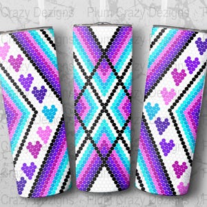 May include: Three stainless steel tumblers with a geometric pattern of pink, purple, blue, and black circles. The pattern is reminiscent of Native American beadwork.