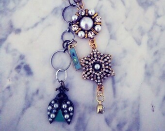 Zipper Pull Keychain Great for all Cat Lovers Crystal in Metal Cage Beads Purse Charm Ceramic Cat Beads
