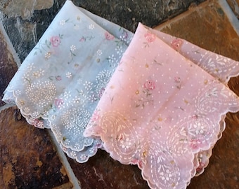 Vintage Handkerchiefs, Pair of 2, one Pale Pink, one Pale Blue, Sheer Nylon, Flocked, Excellent Condition