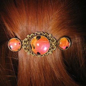 Unusual hairclip barrette bronze red tone with real butterfly wing under cabochon