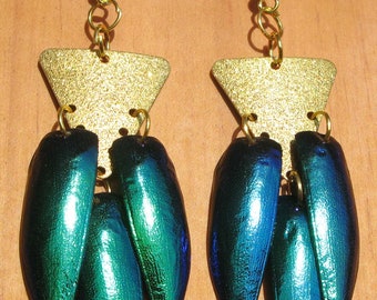 Pair of earrings from real beetle wings emerald gold color drop dangle unusual jewelry # 30