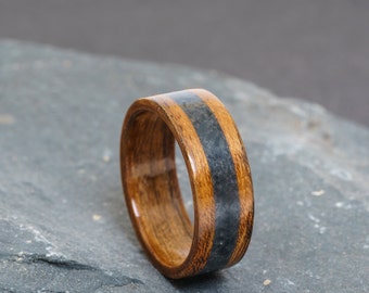 Amazique and Welsh slate ring - exotic African wood and dark Welsh slate. For wedding, anniversary or as a gift.