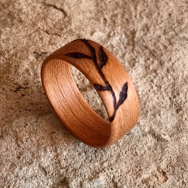 Beech Bentwood Ring with Burned Vine Detail Pyrography